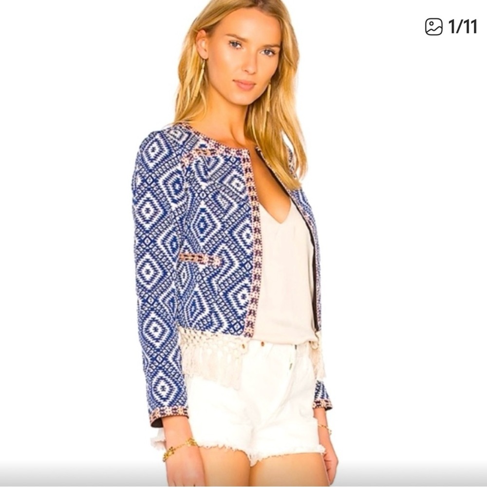 Tularosa Boho Blue/White Crop Patterned Jacket with Fringe